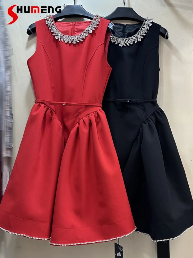 Women's 2025 Spring New High-end Dress Rhinestone Neckline Sleeveless Waist-tight Dresses Trendy Female Round Neck Nice Dresses