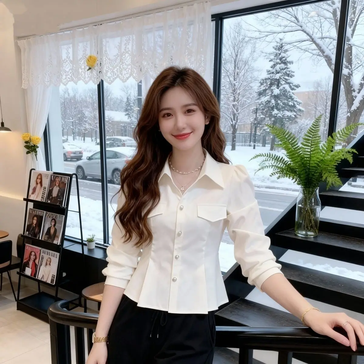 

Ele Pure Color Long Sve irt Women's Slimming Cover-Up Collared Faion Design Spring New Sle Casual Polyester