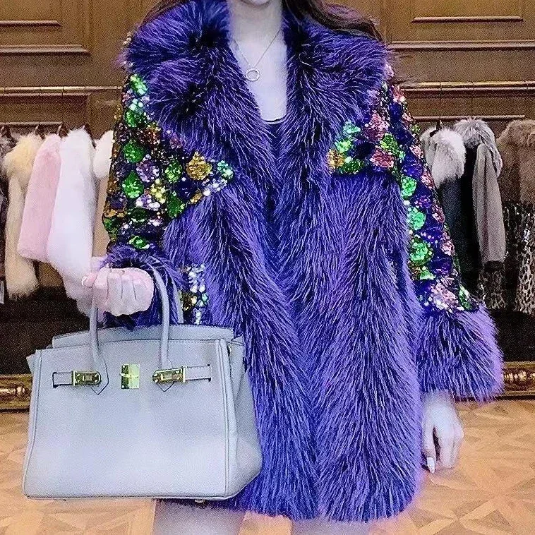 Winter Womens Faux Fur Coat Color Big Fur Collar Sequins Flurry Jacket Luxury Mid Long Plush Coat Fashion Purple Furry Overcoat