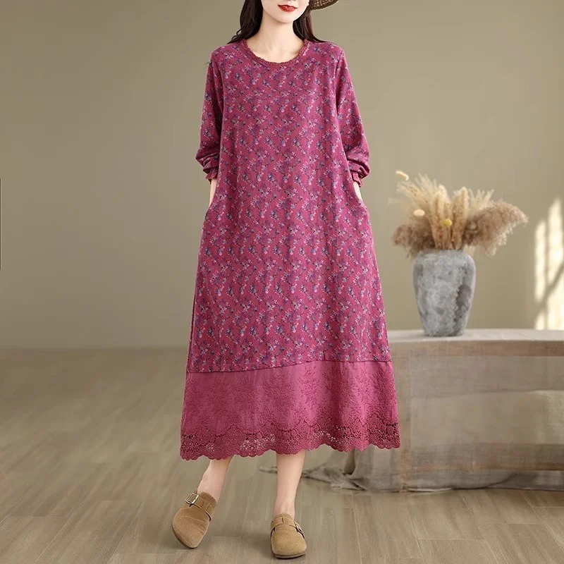 เดรสยาวพิมพ์ลายผ้าฝ้ายและป่านสไตล์เรโทรศิลปะใหม่ประจำฤดูใบไม้ร่วงปี 2025 สำหรับผู้หญิง ทรงหลวมทรงเอลายดอกไม้ รุ่น w700