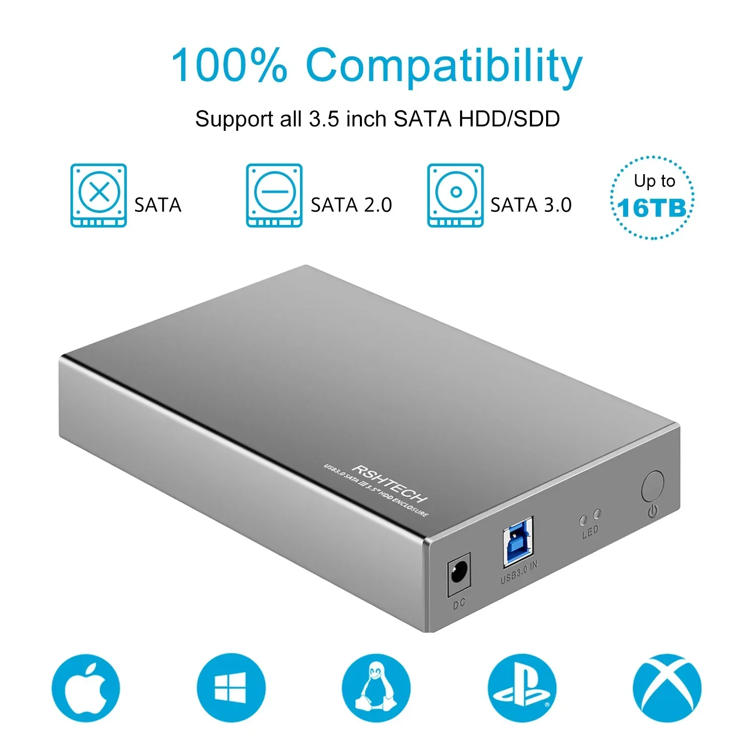 RSHTECH 3.5\'\' HDD Case 5Gbps USB C to SATA External Hard Drive Enclosure UASP Automatic Sleep for 3.5 inch SATA I/II/III HDD SSD