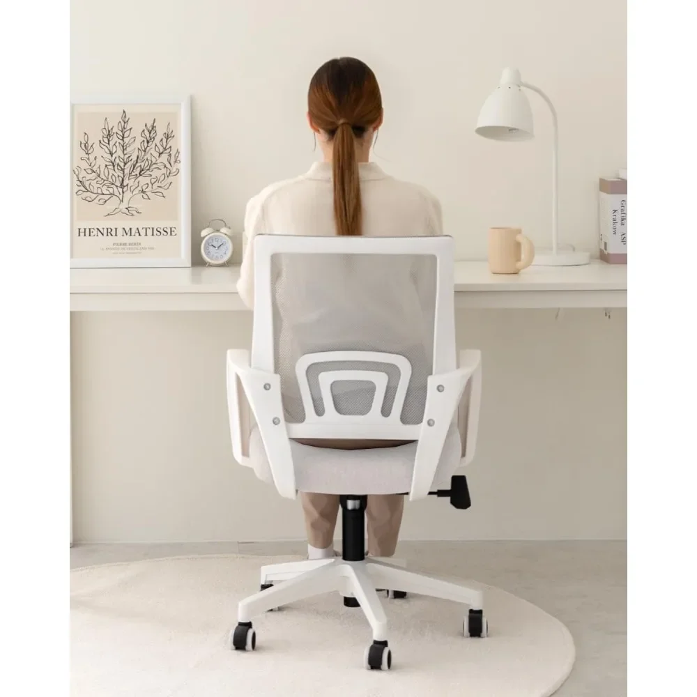 Ergonomic Mid Back Cushion Lumbar Support Wheels Comfortable Mesh Racing Seat Adjustable Swivel Rolling Home Executive(Ivory)