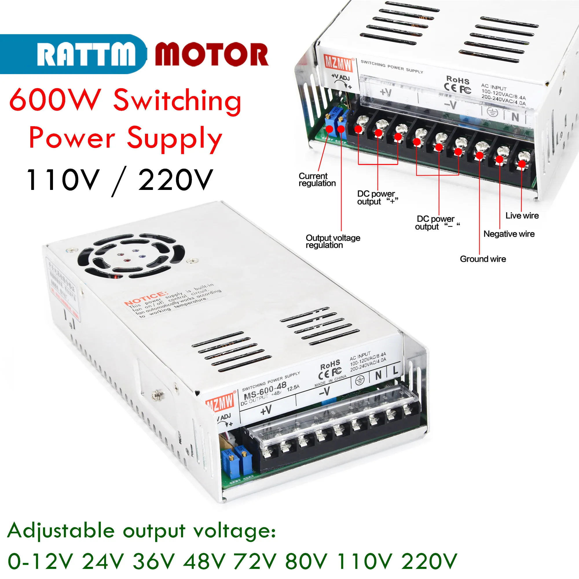 

MZMW MS600 Switching Power Supply 600W 5V 12V 24V 36V 48v 60V 72V 80V 110V 220V Adjustable Voltage Single Output MS-600-36