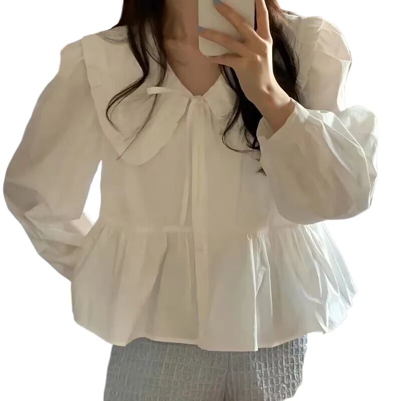 Ruffles Shirts and Blouses Korea Peter Pan Collar Top Women 2024 Autumn Long Sleeve Elegant Women Blouses Solid Fashion Clothes