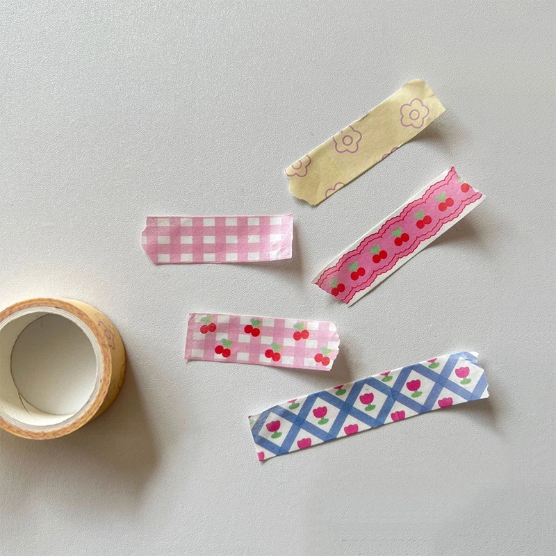 1Pcs Pink Grid Cherry Flower Washi Tape Decorative Adhesive Tape Color Masking Tape For Sticker Scrapbooking DIY Stationery Tape