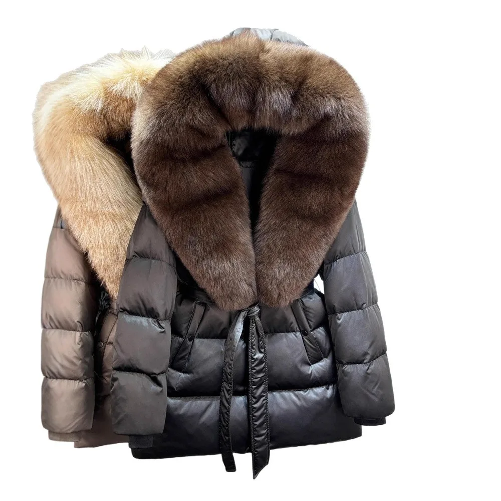 

2025 Women's Clothing Large fur collar mid-length belted down jacket Faux Fur Winter New