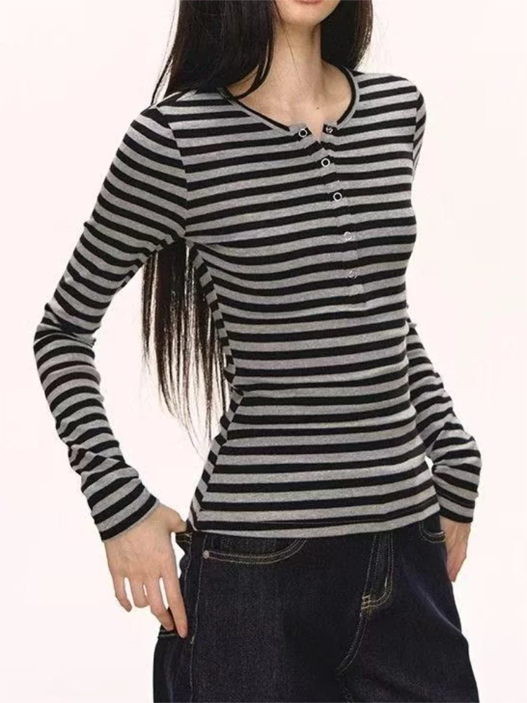 Vintage Gestreifte Nette T-shirts Frauen Koreanische Mode Taste Fee Grunge T-Shirt Y2K Kleidung Casual Herbst Winter Streetwear Top – Detail 14