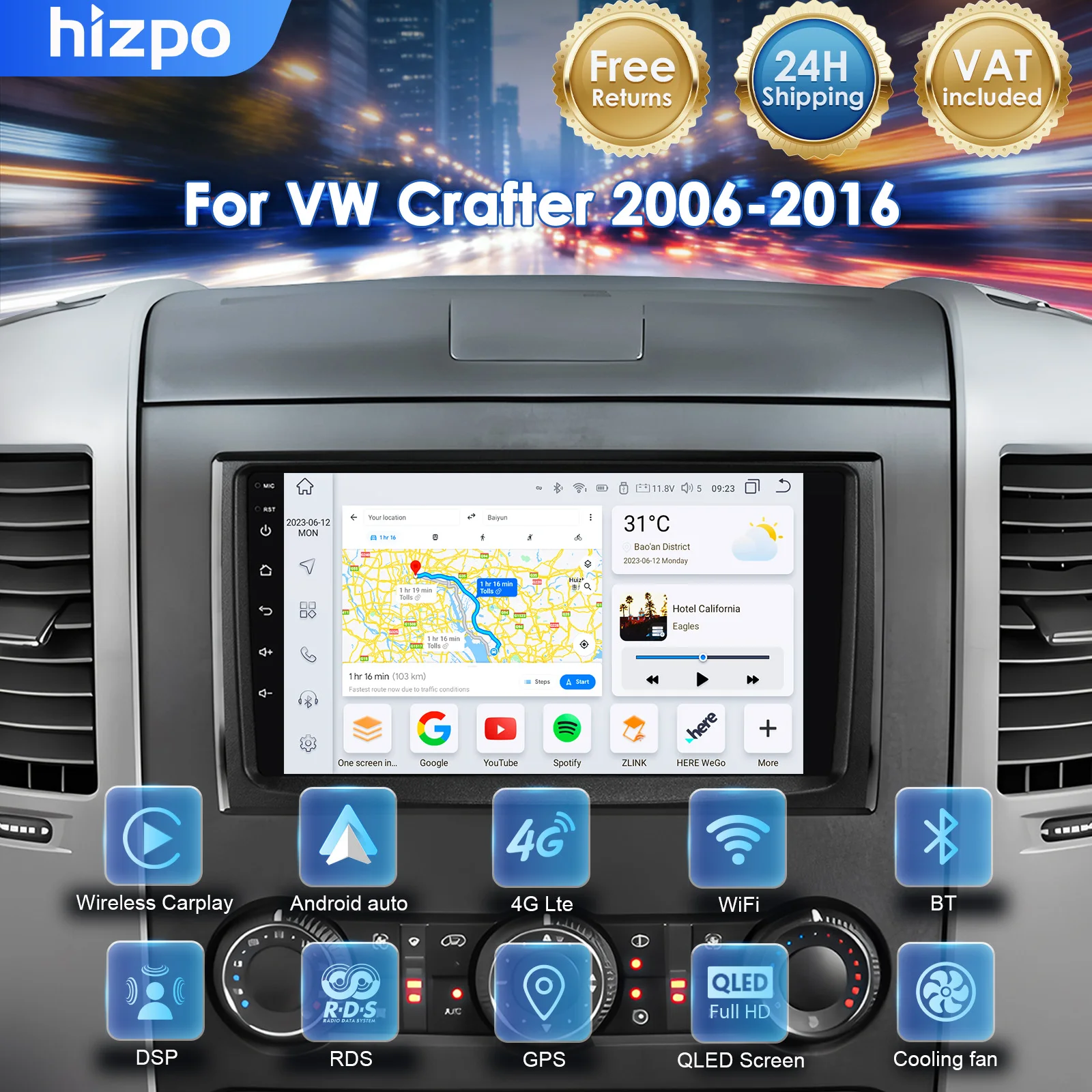 Hizpo Android 14 GPS Stereo per Benz Sprinter Volkswagen VW Crafter 2006 - 2016 QLED Android Autoradio Lettore Multimediale Video CarPlay WIFI+4G DSP