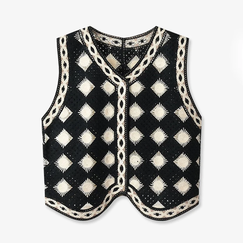 Black and White Checkered Vest Crochet Top for Women Sheer Open Knit Sleeveless Button Down Waistcoat Jacket Boho Vacation