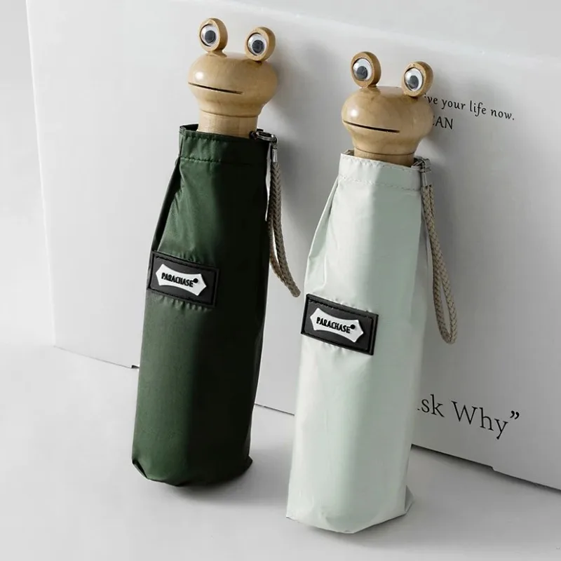 Sun Umbrella Woman UV Protection, Frog Wooden Handle Cute Umbrellas Sunshade, Windproof 420T Pocket Mini Umbrella