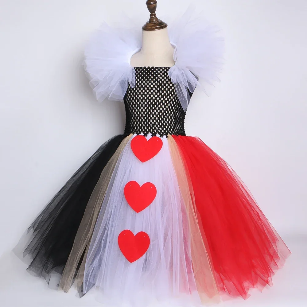 Queen of Hearts Costume for Girls Fancy Carnaval Party Dresses Wonderland Red Queen Tutu Princess Dress Kids Halloween Costumes