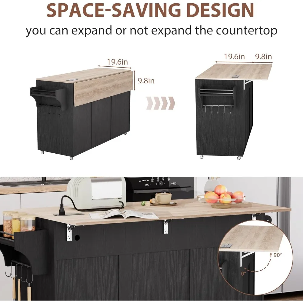 جزيرة مطبخ محمولة مع مساحة تخزين وأوراق متدلية، وعربة دوارة مع سلة مهملات مدمجة ومخرج طاقة #2