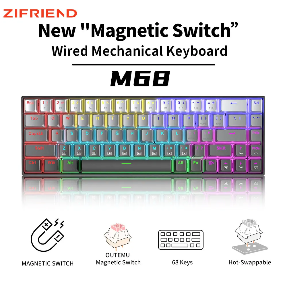 ZIFRIEND-M68磁気メカニカルキーボード,8k返品,rgb,ホットスワップe-sports,ゲーム用pbt,透明キーキャップ