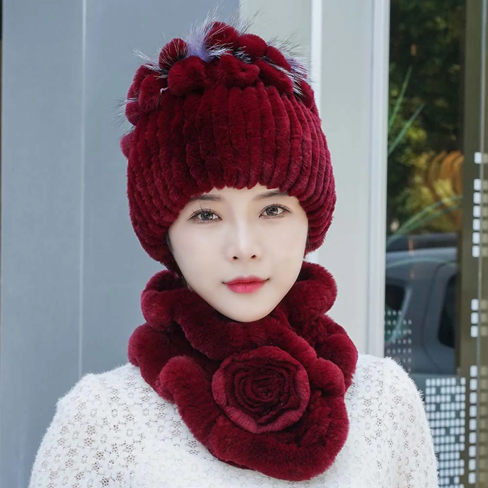ชุดหมวกไหมพรมขนกระต่ายเร็กซ์ 2 ชิ้น ผ้าพันคอขนกระต่ายเร็กซ์ธรรมชาติ สำหรับผู้หญิง สไตล์ใหม่ ปี 2025 อุ่นสบายสำหรับฤดูหนาว