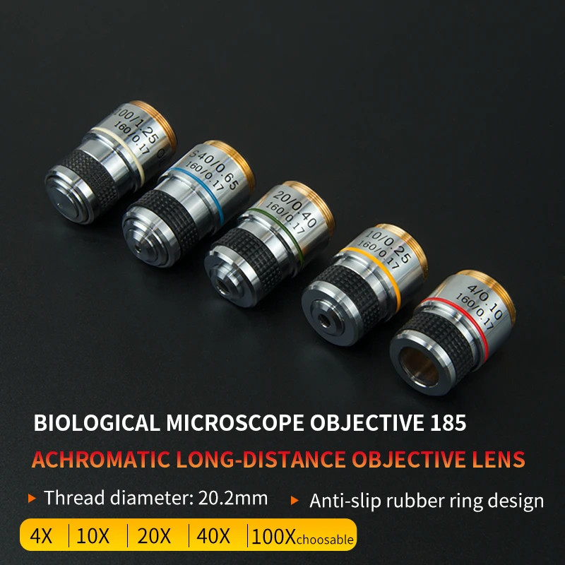 Lensa objektif mikroskop biologi 185 - 195, 4X, 10X, 20X, 40X, 60X, 100X, lensa imersi minyak akromatik, ukuran instalasi 22.2