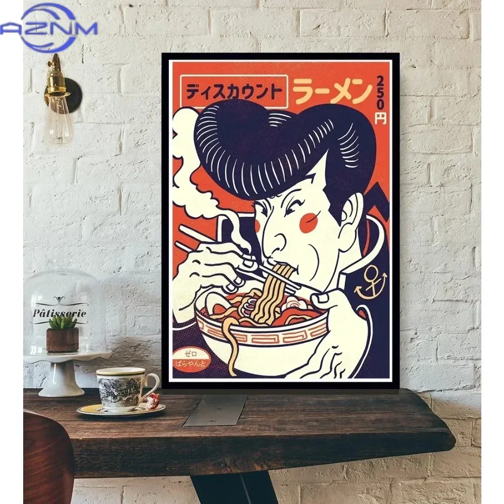 1pc Frameless Retro Illustrator Japanese Ramen Art Poster Animal Ramen Sushi Painting Wall Art Decor Kawaii Room Decor Canvas - view 2