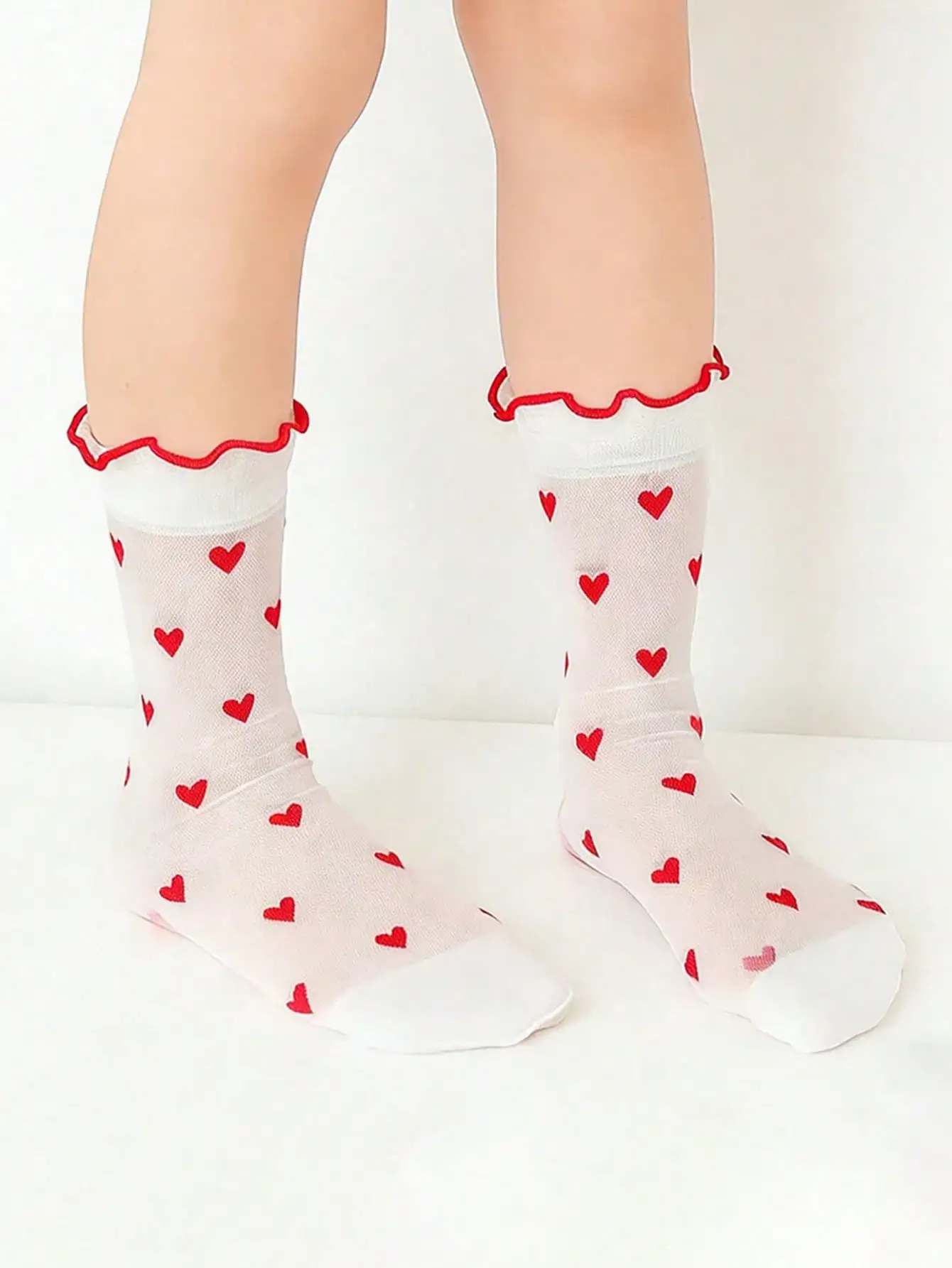 1/3/6Pairs Kids Girls Heart Print Socks, Sheer Mesh Ruffle Trim Nylon Socks, Thin Breathable Calf Socks for 3-8Y Spring Summer