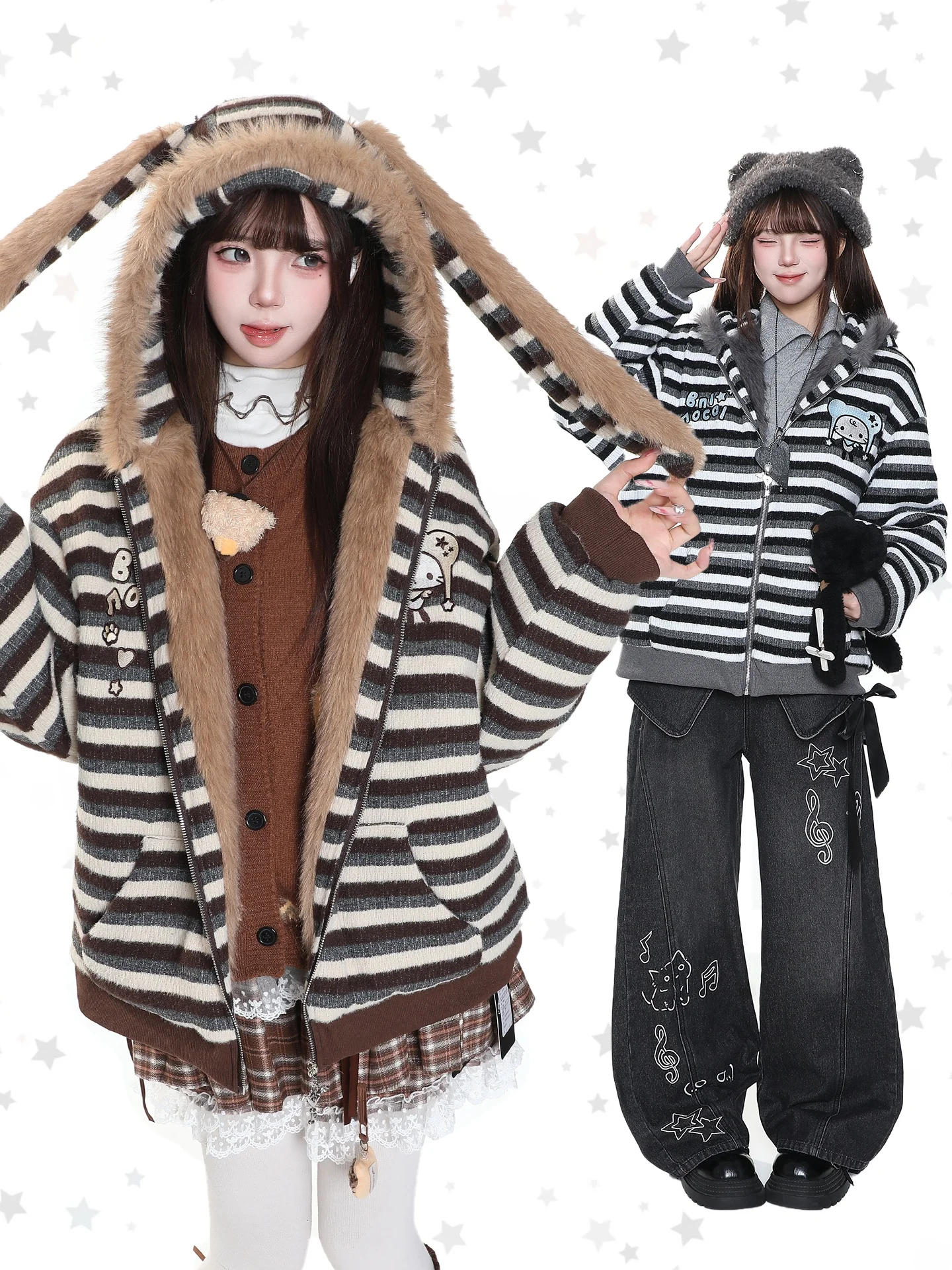 Warm Thickened Rabbit Ear Hooded Striped Cotton Jacket Women's Autumn Winter Loose Casual Color Block Outerwear School Style ...