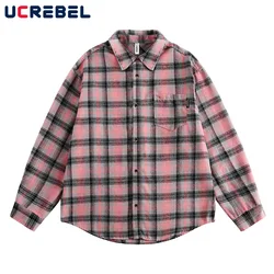 Pocket Plaid Long Sleeve Shirts Mens Single Breasted Autumn Streetwear Lapel Loose Curved Hem Shirts Men