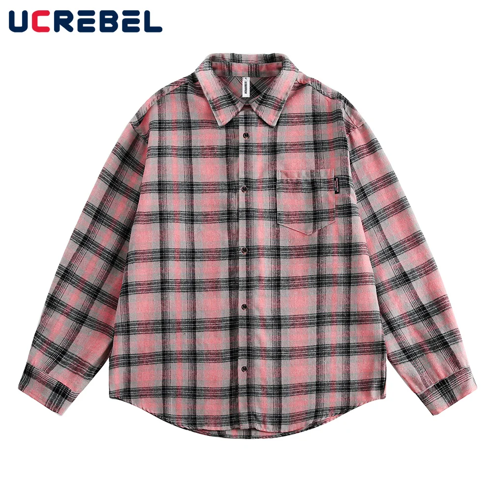 Pocket Plaid Long Sleeve Shirts Mens Single Breasted Autumn Streetwear Lapel Loose Curved Hem Shirts Men