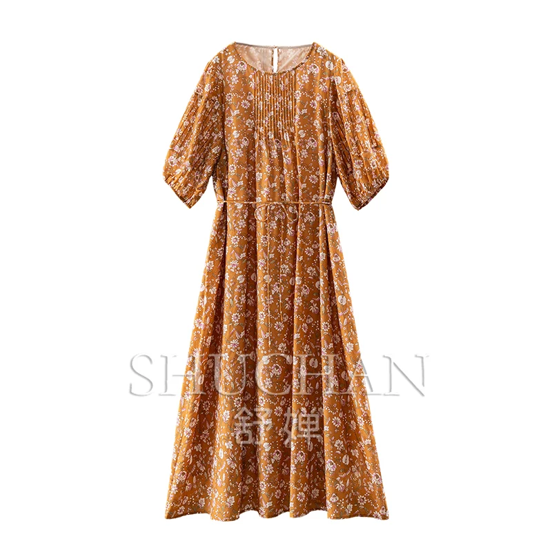 

Silk Cotton, Beautiful Art Printing Organ Pleated Dress Women 58B7 Vestidos De Verano Mujer 2025