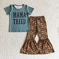 Wholesale Mama Tried Baby Girl Clothes Short Sleeve Shirt Leopard Bell Bottom Pants Outfits Toddler Children Mother's Day Set