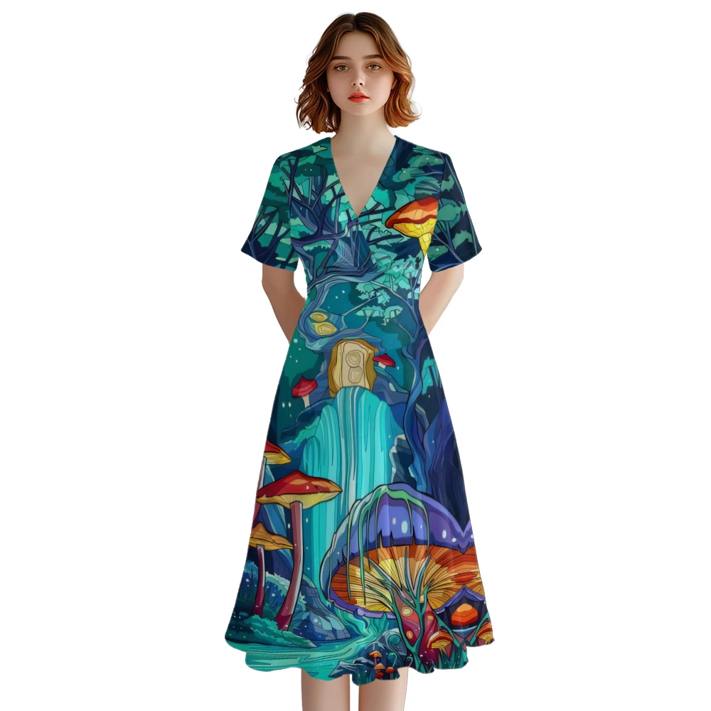 Summer Dress V Neck Stylish Party Dresses Fashion Women Psychedelic Dress  A-Line Evening Dresses Chic Robe Trendy Girl Vestido