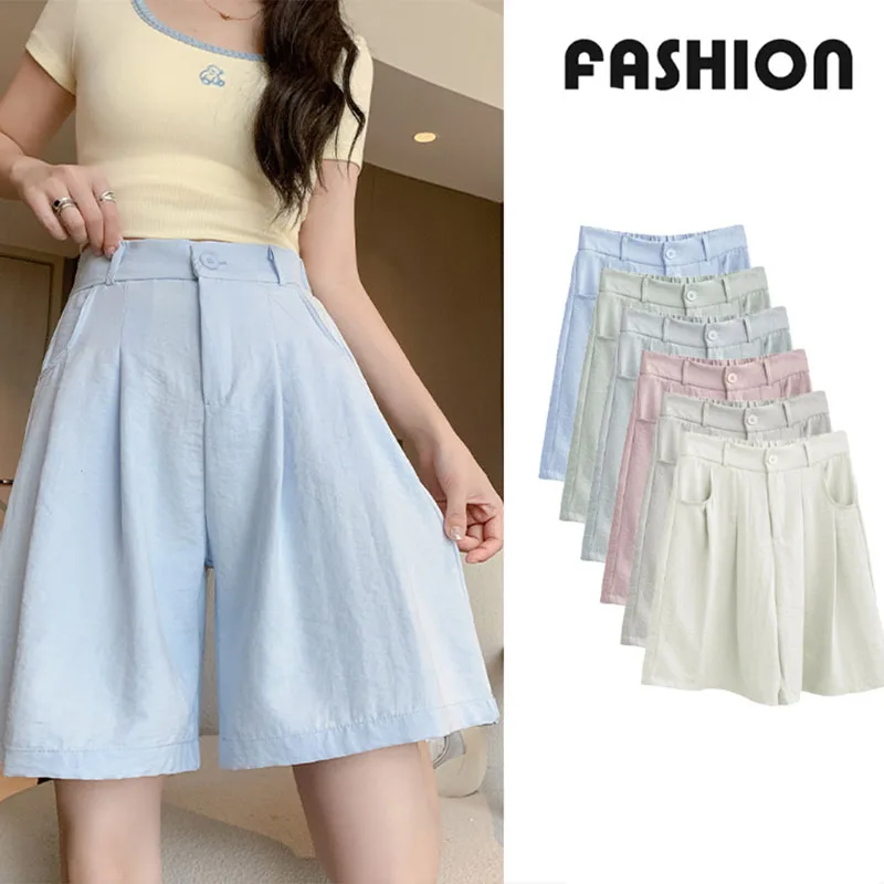 

Повседневные летние женские шорты, однотонные свободные прямые короткие брюки с высокой талией, женские дышащие шорты до колена на пуговицах