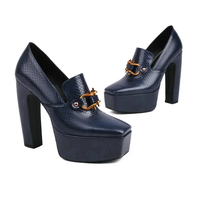 Spring Autumn Stone Pattern 13.5cm  High-heeled Shoes Waterproof Platform Metal Fasteners Night Club Walk Show Women Shoes 35-43