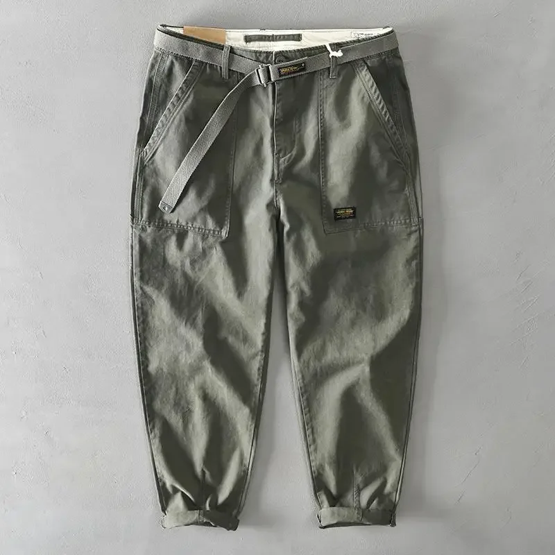 

2025 2025 Spring Autumn New Pure 100% Cotton Men Cargo Pants Men Clothing Casual Loose Belt Mid Waist Slim Fit Joggers Men Trous