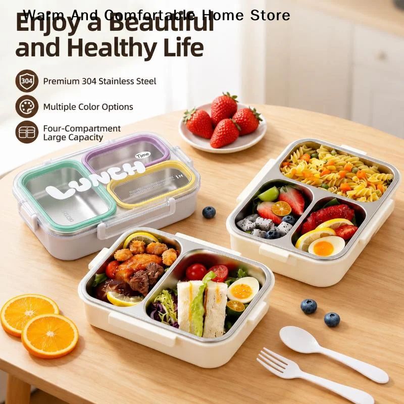 【W】304 Stainless Steel 720ml Leak Proof Lunch Box 3 Compartments With Cutlery For Kids School Office Outdoor Picnics