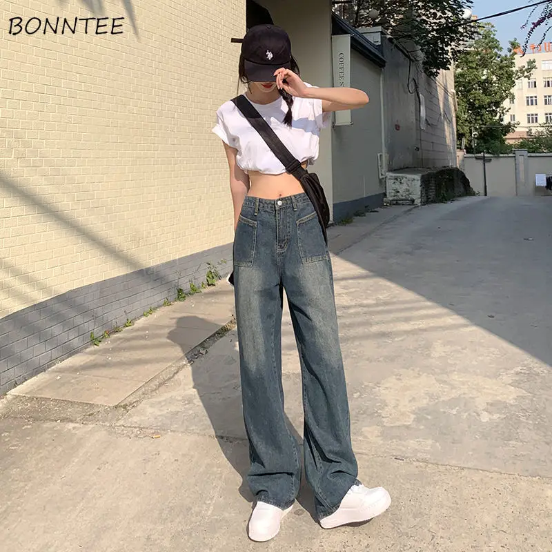 

Jeans Women Wide Leg High Waist Vintage Streetwear Cool Retro Basic All-match Design Unisex Chic Ulzzang College Loose Gentle BF