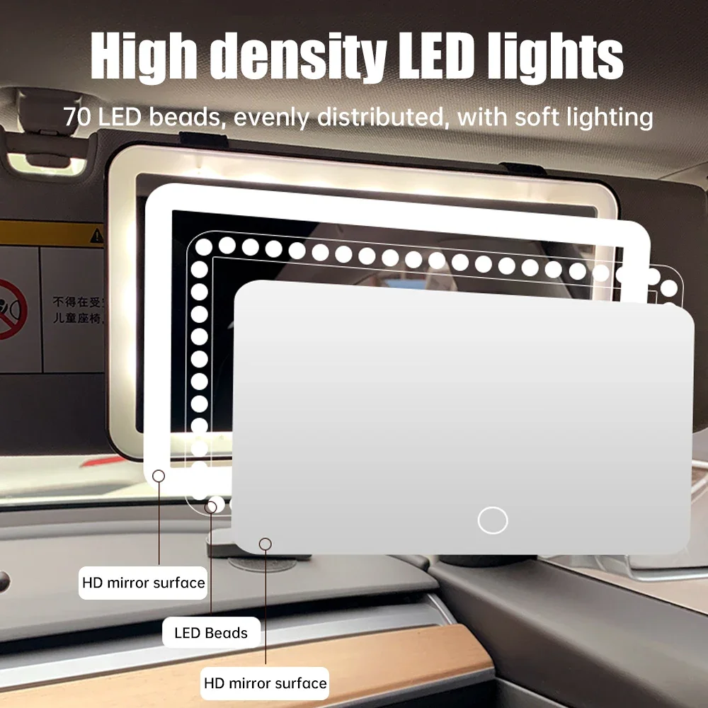 Espelho de maquiagem portátil com luzes LED, espelho de vaidade com controle de toque de 3 cores, bateria recarregável para viagens em carro em casa