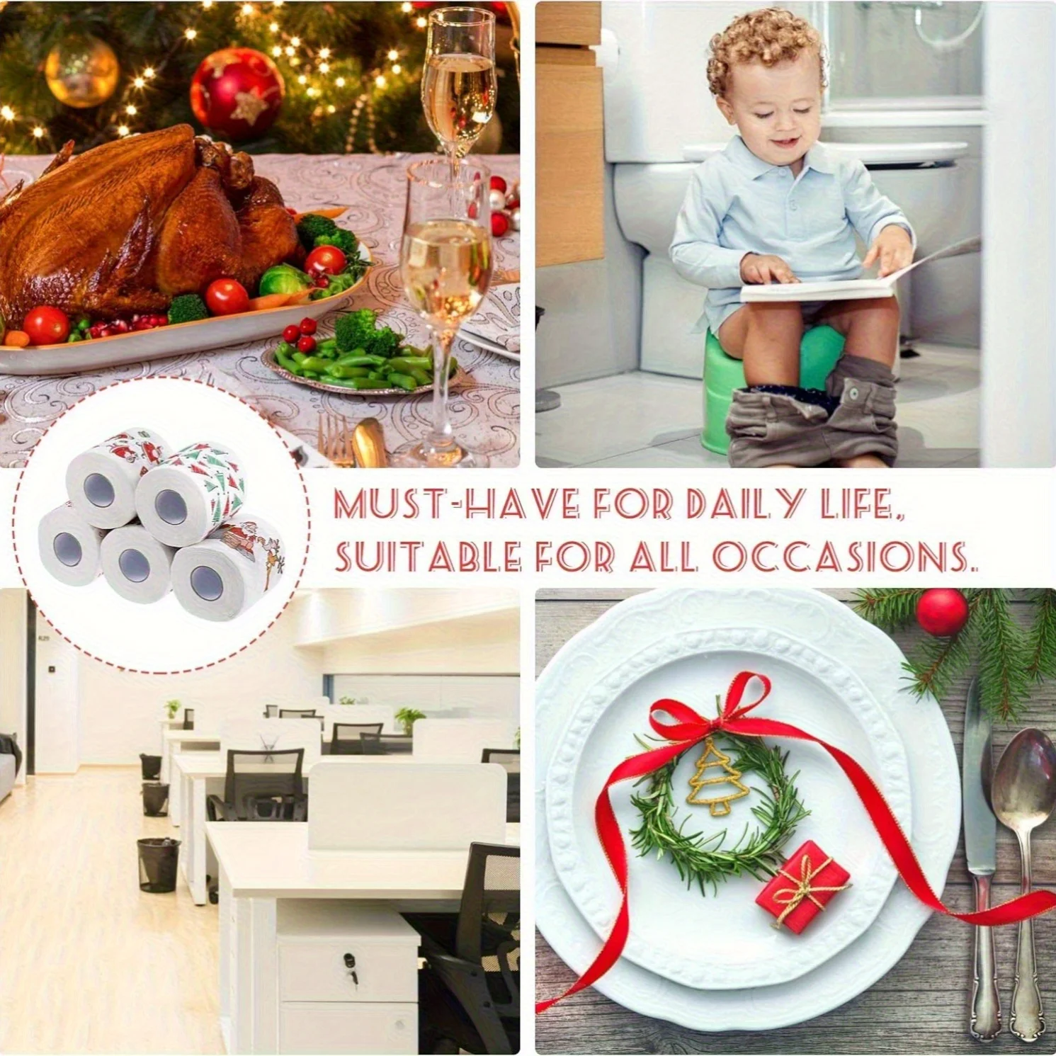 1 لفة ورق تواليت بنمط سانتا والرنة - 3.94 بوصة × 3.94 بوصة لعيد الميلاد ورأس السنة الجديدة ديكور المنزل ومستلزمات الحفلات