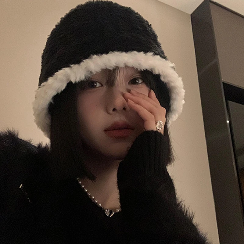 Black Plush Bucket Hat For Women Autumn And Winter Korean Style Versatile Face-Looking Small Bucket Hat Japanese Style Big Head