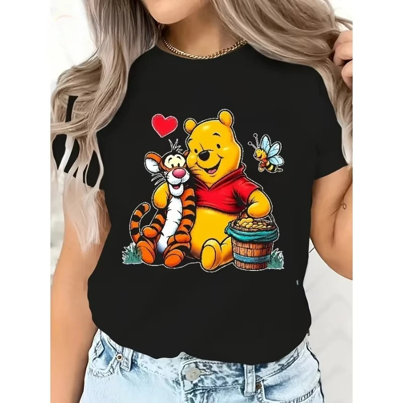 

MINISO Casual and Versatile Style Suitable for Women's Daily Wear Winnie The Pooh and Tigger Cartoon Print Short-sleeved T-shirt
