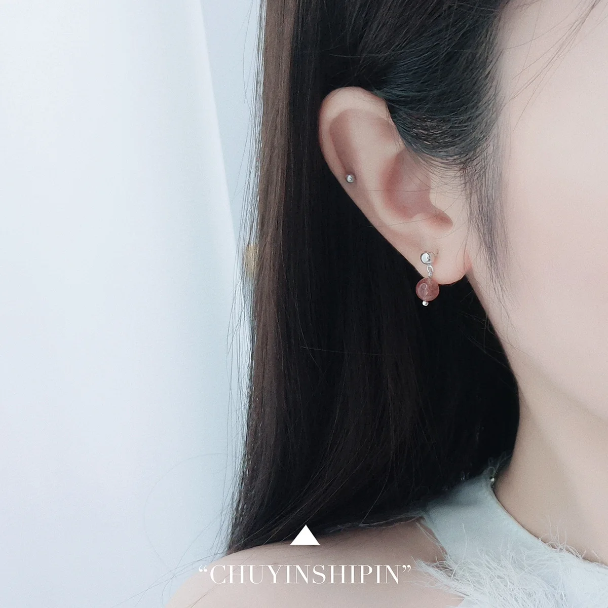 Delicate and elegant S925 silver stud earrings with round beads and strawberry crystal, perfect for chic and sophisticated women