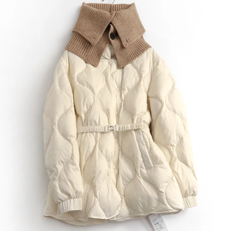 

Women Winter Coats Duck Down Filling Solid Color Knitted High Collar Puffer Jackets Thick Warm Loose Casual Parkas Outerwear