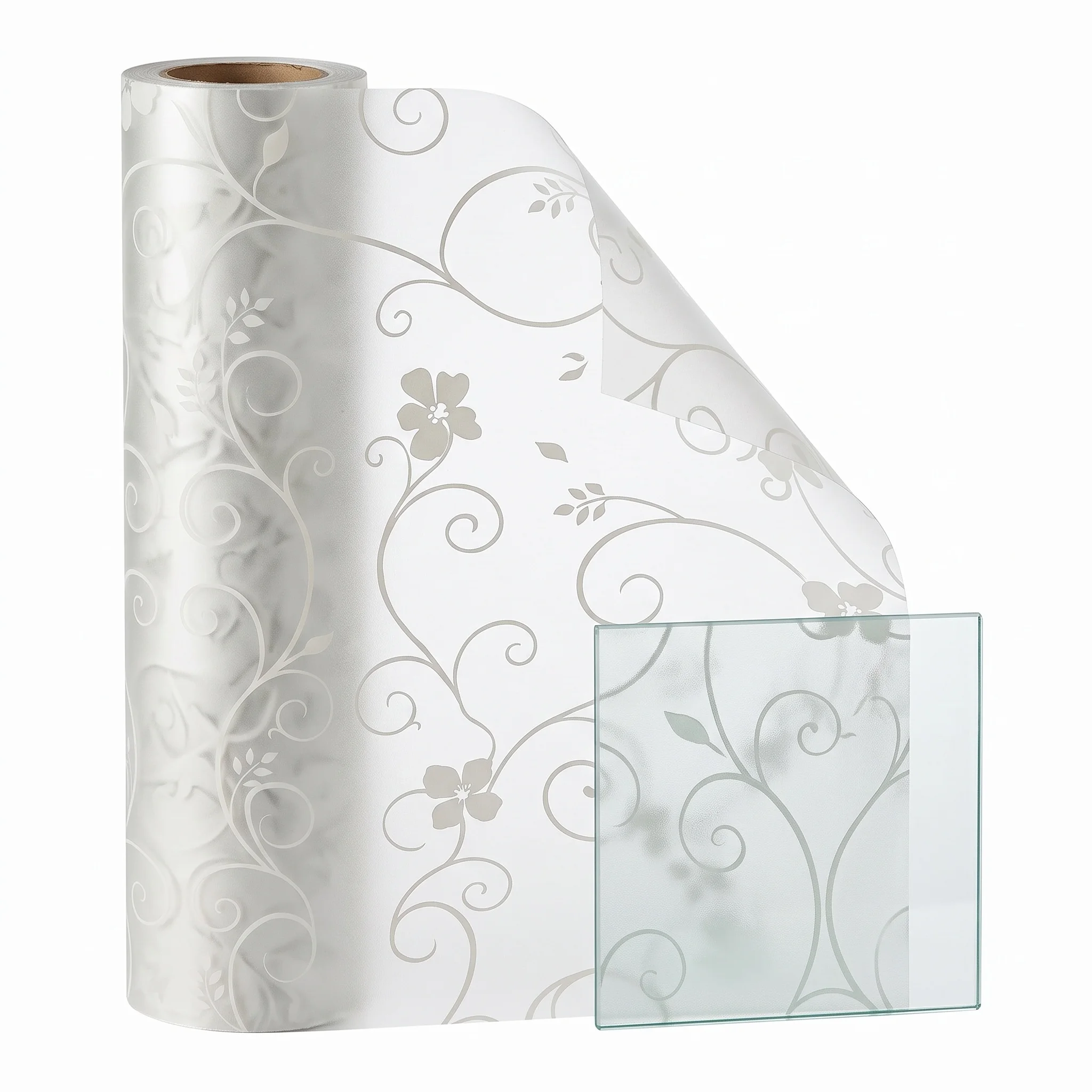 Elegant White Frosted Privacy Window Film Self-Adhesive Curly Vine Floral Design Removable Glass Sticker for Home Decor