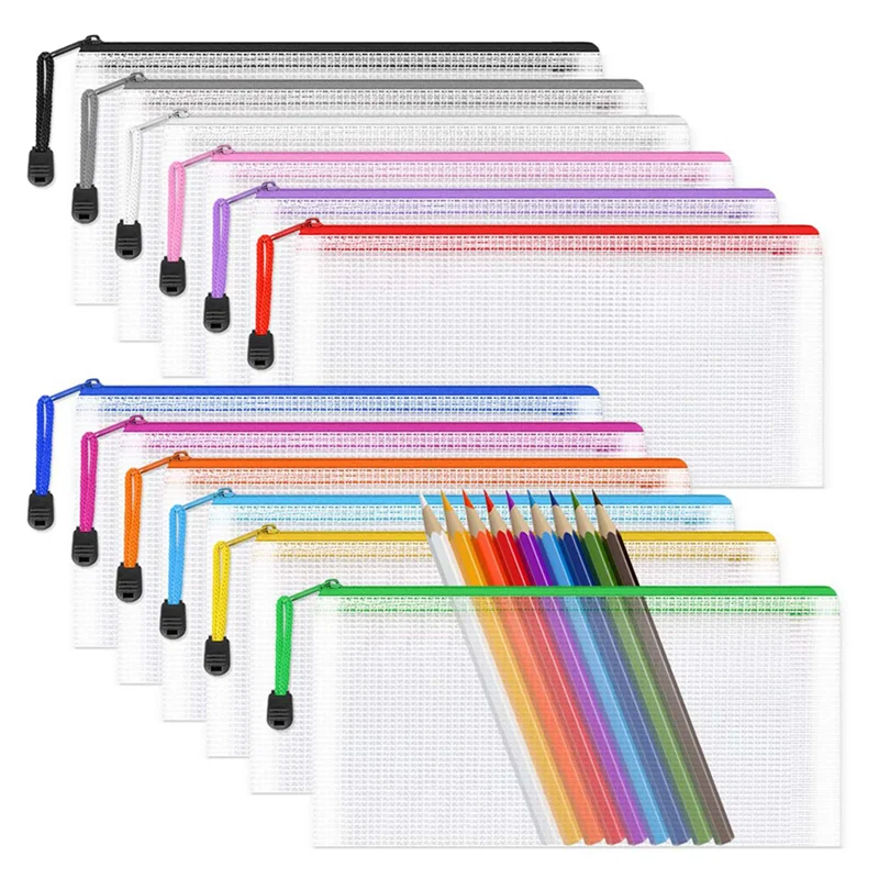 108Pcs Mesh Document Bag,Clear Pencil Case Wallets Folders Waterproof Travel Storage Pouch 12 Colours