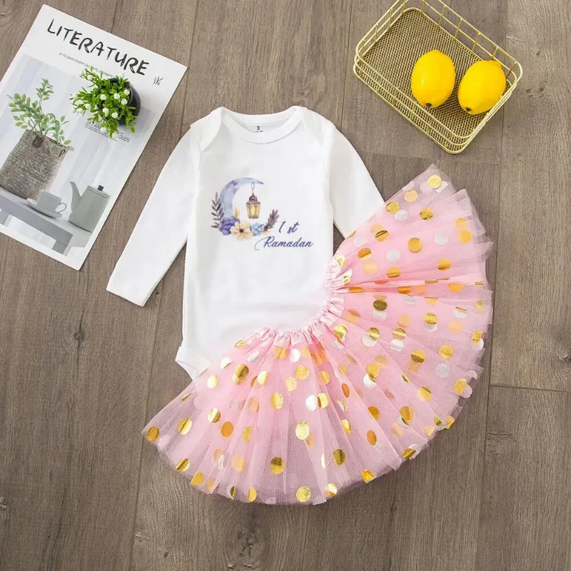 My First Ramadan Girl Baby Dress Baby Romper +Tulle Tutu Skirt Long Sleeve Tutu Dress Set My 1st Ramamdan Newborn Clothing