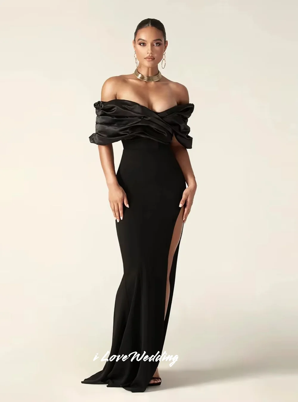 Black Off Shoulder Cocktail Dress 2025 Backless Pleat Mermaid Back Zipper Side Split Floor-Length Wedding Party Dress Customized image 2