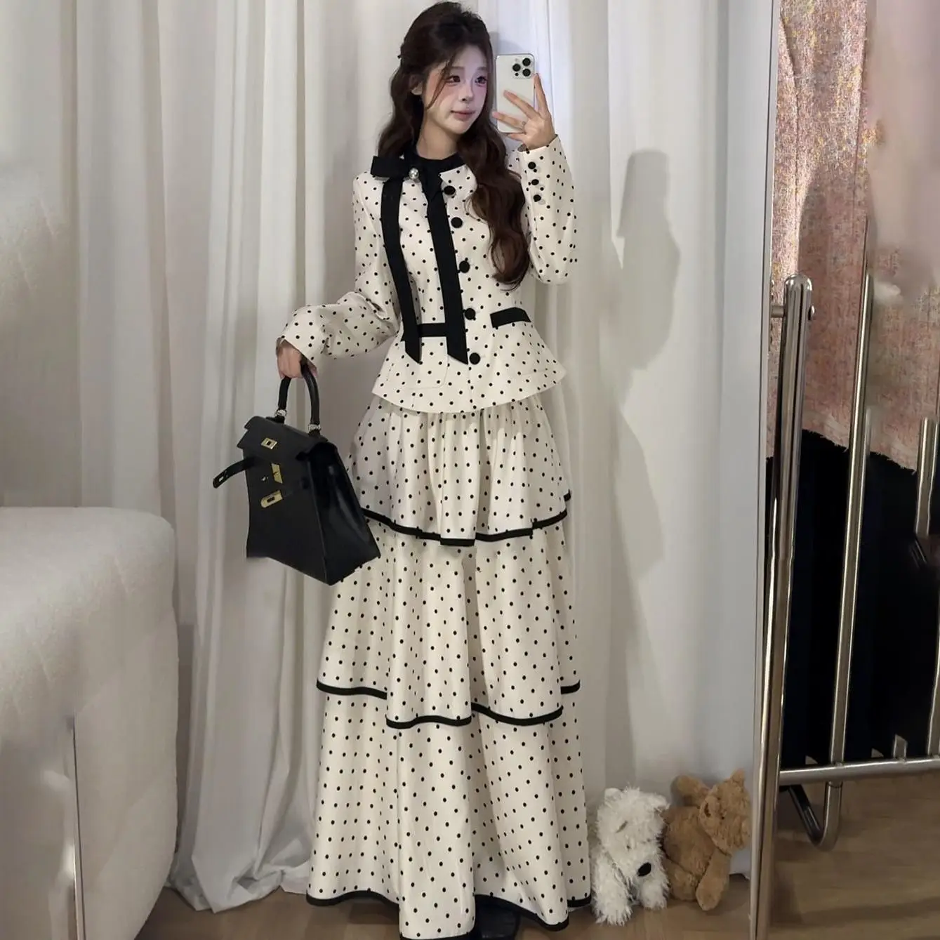 

Autumn French Elegant Vintage Women's Two Pieces Set Bow Polka Dot Long-sleeve Slimming Sweet Design Sets Outfits Woman Clothes