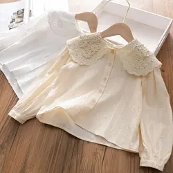 Blouses Girl Undershirt Shirt Baby Lace Korean Shirt Fashion Children Cotton Tops 2024 Turn Down Collar Button Sweet