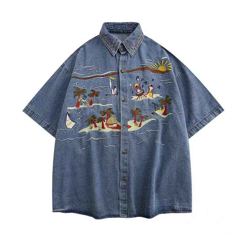 

2024 New Vintage Shirt Embroidered Lapel Short-sleeved Denim Shirt Summer Fashion All Matching Tops for Casual Women's Clothing