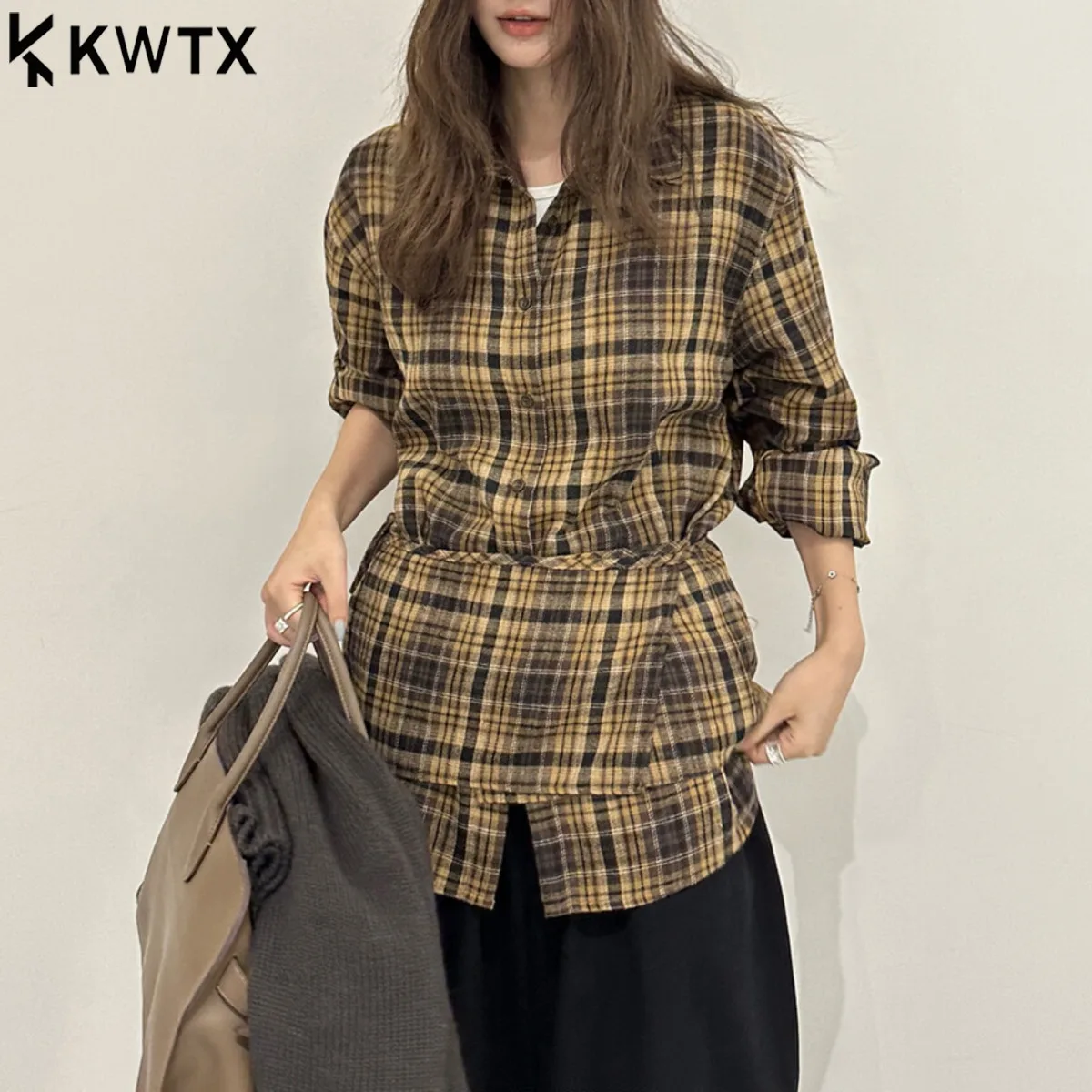 

KWTX 2025 New Women’s Vintage Plaid Colorblock Long Sleeve Blouse Waist Belt Lapel Button Down Fall Winter Casual-Chic Elegant