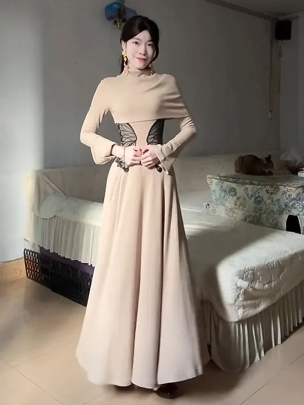 

New Chinese Sle Knitted Long Dr Caochong Two-Piece Set Faionable High Waist Embroidered Midi Dr for Autumn And Winter