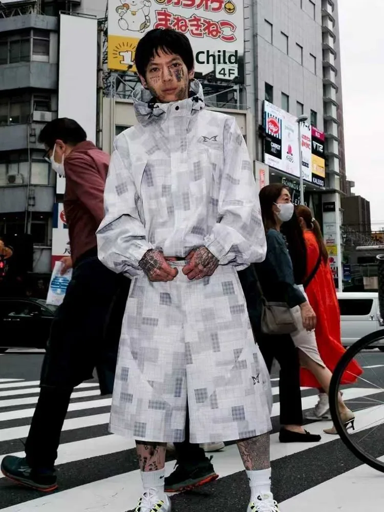 

Mertra Men's Hooded Zipper Jacket Coat Hip Hop Graffiti Loose Windbreaker Short Set Spring Youth Trendy Long Sleeve Plaid