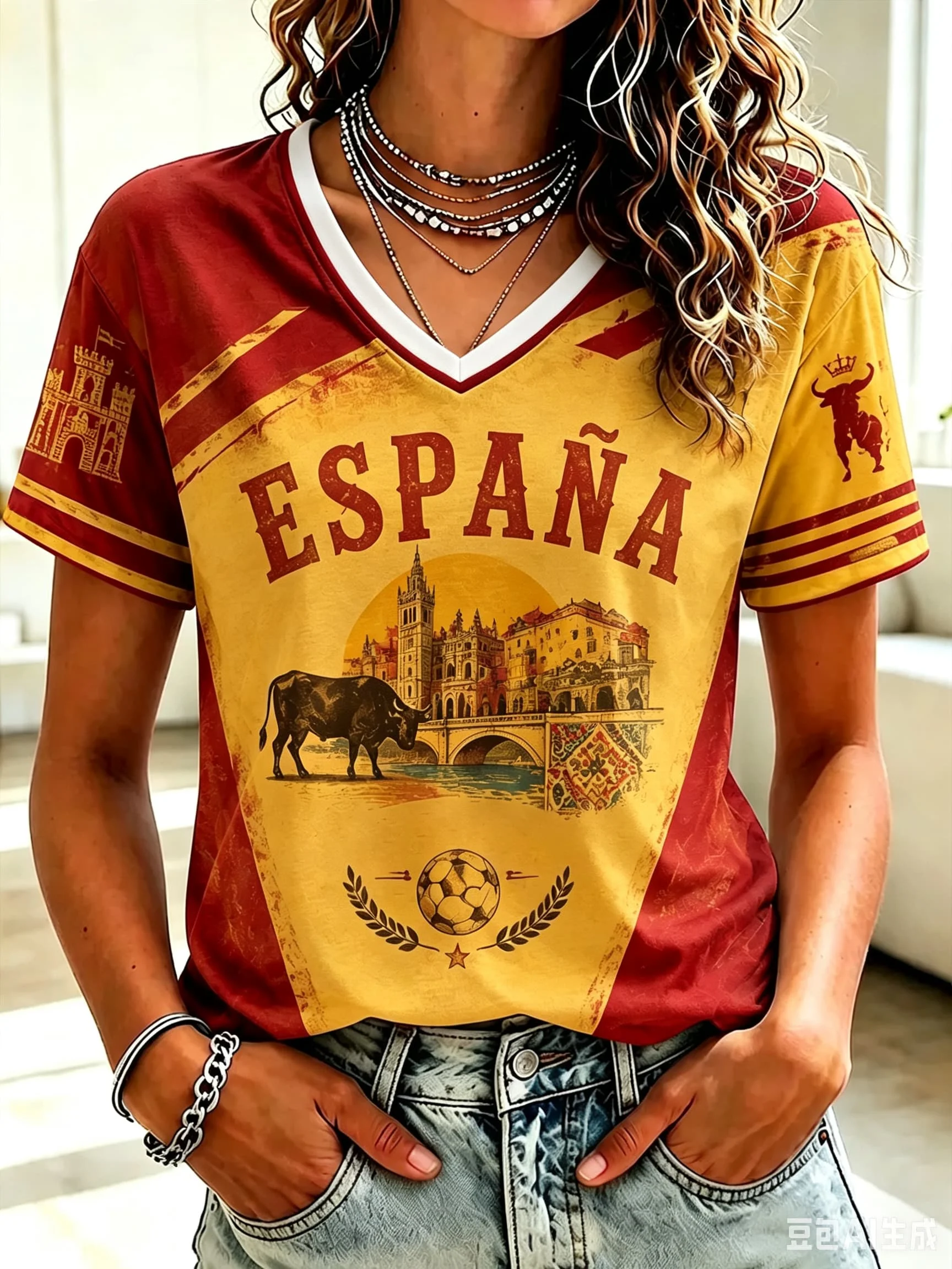 2026 New Womens Spain V Neck Football Jersey España Letter Spanish National Crest Short Sleeve Soccer Fan Casual Sports T-shirt