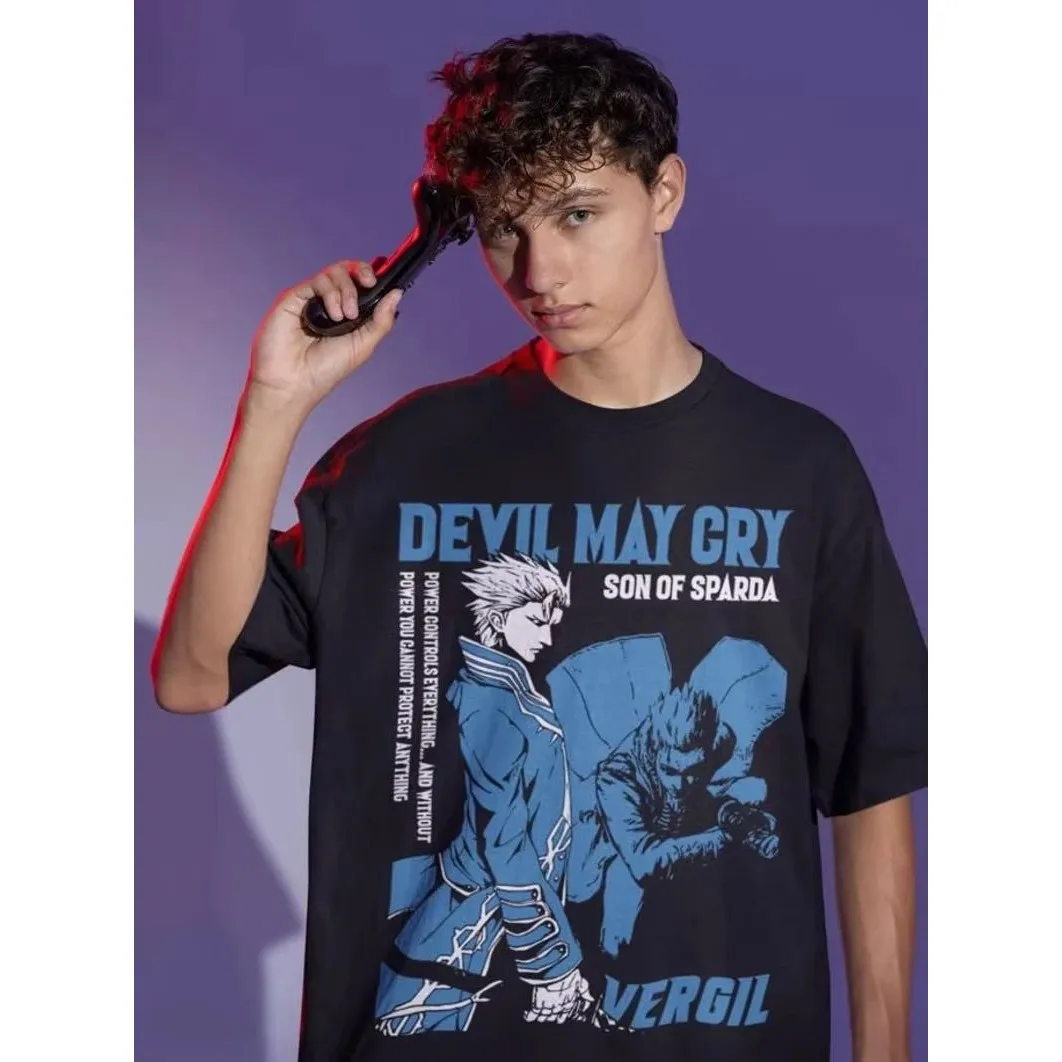 2025 Vergil Anime Cotton Tee Men Women Crew Neck T-Shirt Youth Fashion Slim Fit Nine Sleeve Length Henry Collar Style